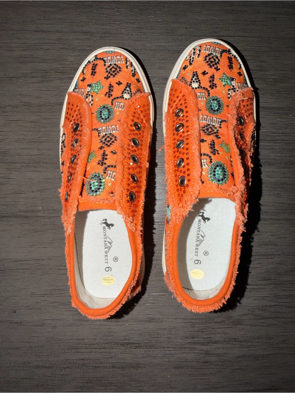 Montana West Orange Embroidered Slip-On Sneakers with Beaded Accents